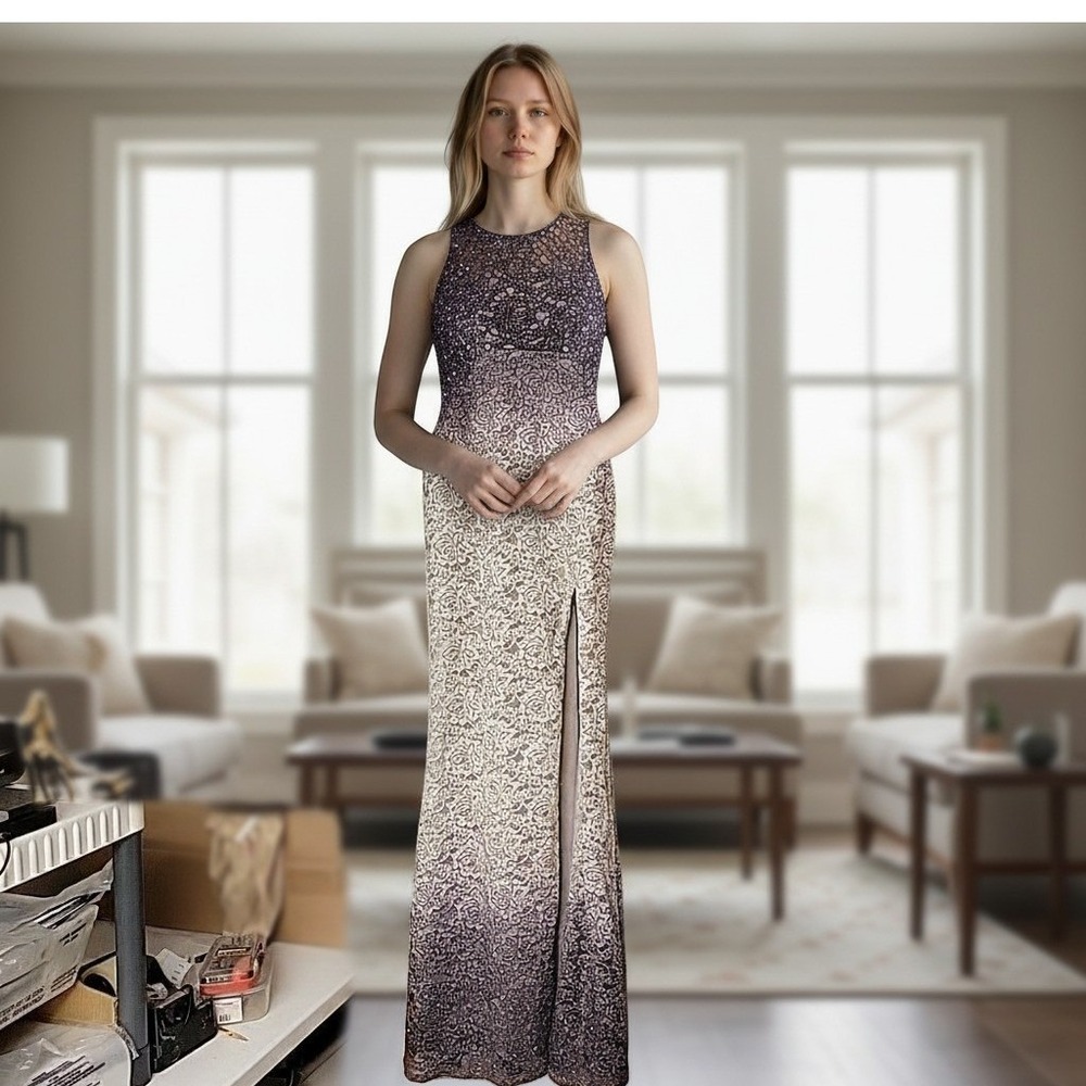 Jodi Kristopher Dress Womens 7 Purple Ombre Lace Gown Prom Formal Evening Slit